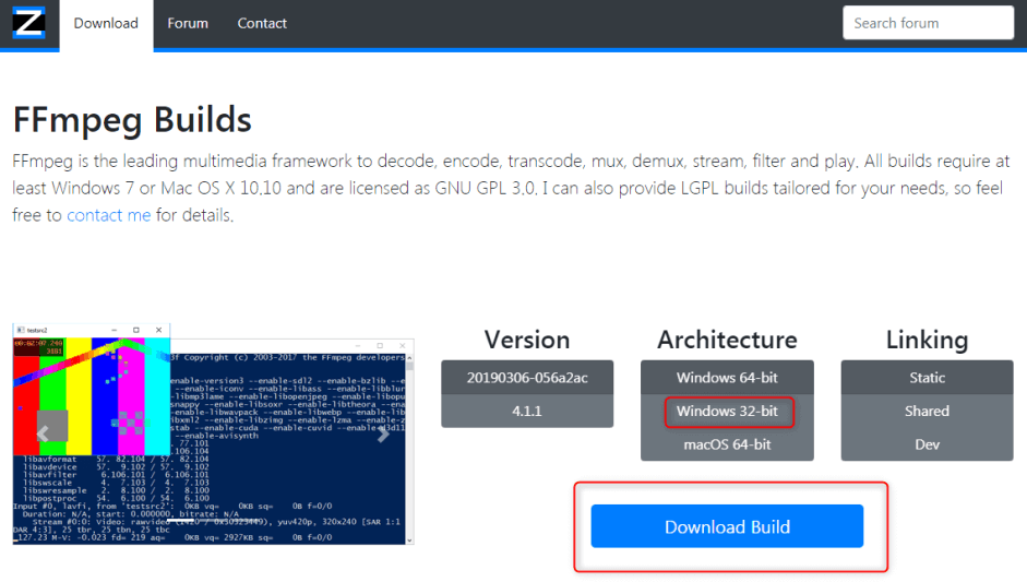 انقر على Download Build في ffmpeg