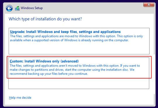 يختار Windows 7 نوع التثبيت