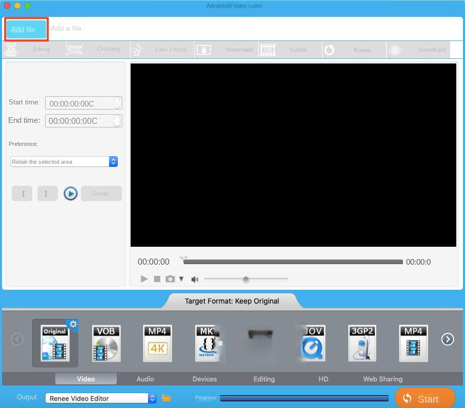 يضيف برنامج Renee Video Editor Mac ملفات الفيديو التي تحتاج إلى تحويل