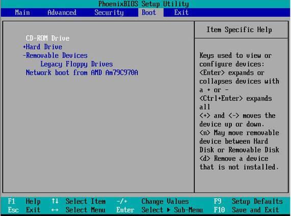 تغيير عناصر بدء bios