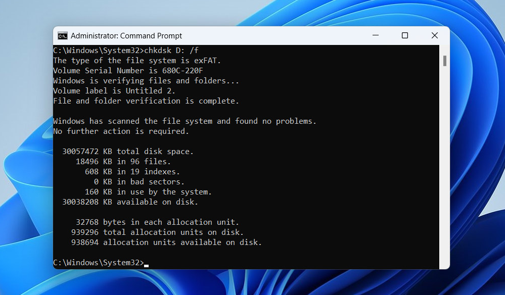 نتائج أمر CHKDSK