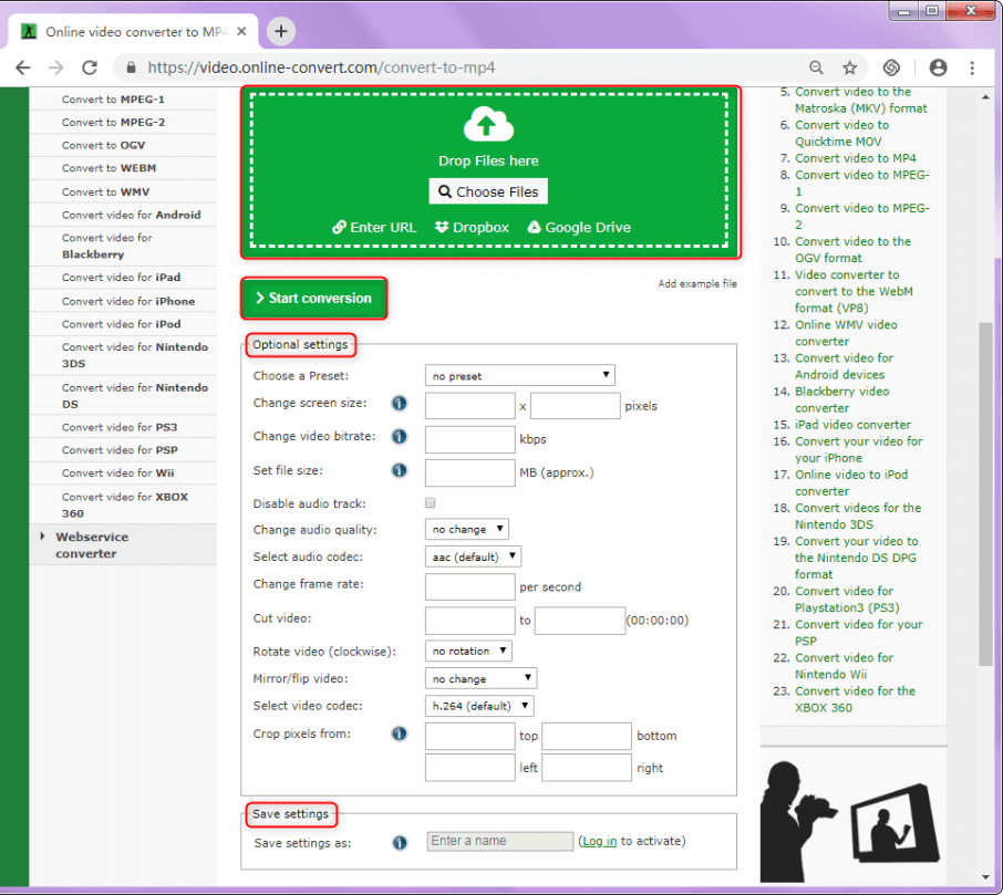 حدد ملفات وضبط إعدادات في web online converter