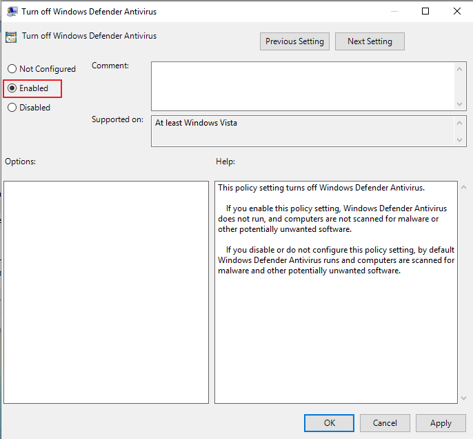 حدد enabled بعد النقر المزدوج فوق إيقاف تشغيل Windows Defender Antivirus