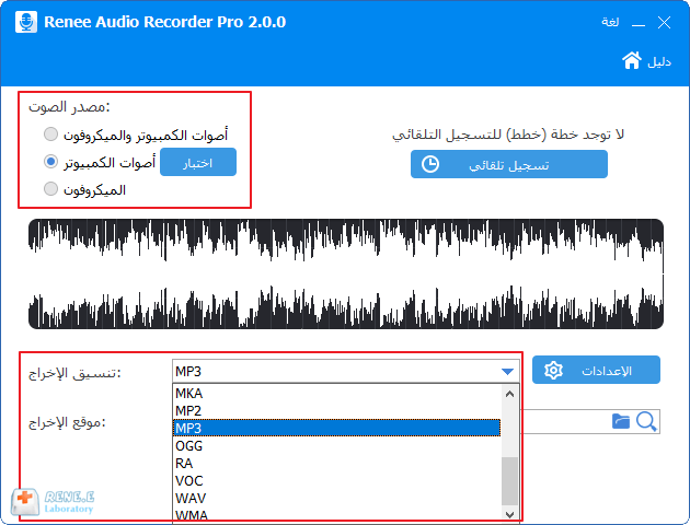 ضبط مصدر الصوت والتنسيق في Renee Audio Recorder Pro