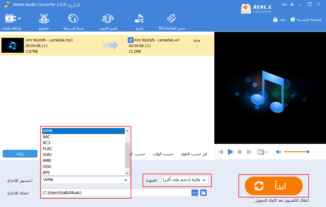 تعيين تنسيق الإخراج