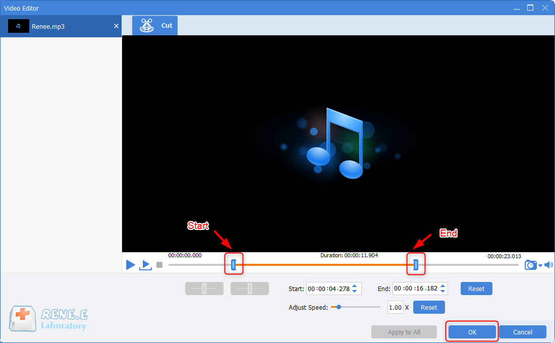 تعيين وقت البدء والانتهاء لقطع mp3