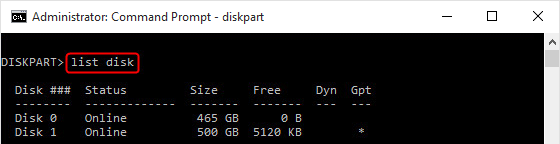 كتابة الأمر list disk في diskpart لعرض قائمة الأقراص