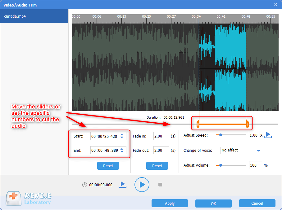 قص الجزء الصوتي من مقطع فيديو mp4 في Renee Audio Tools