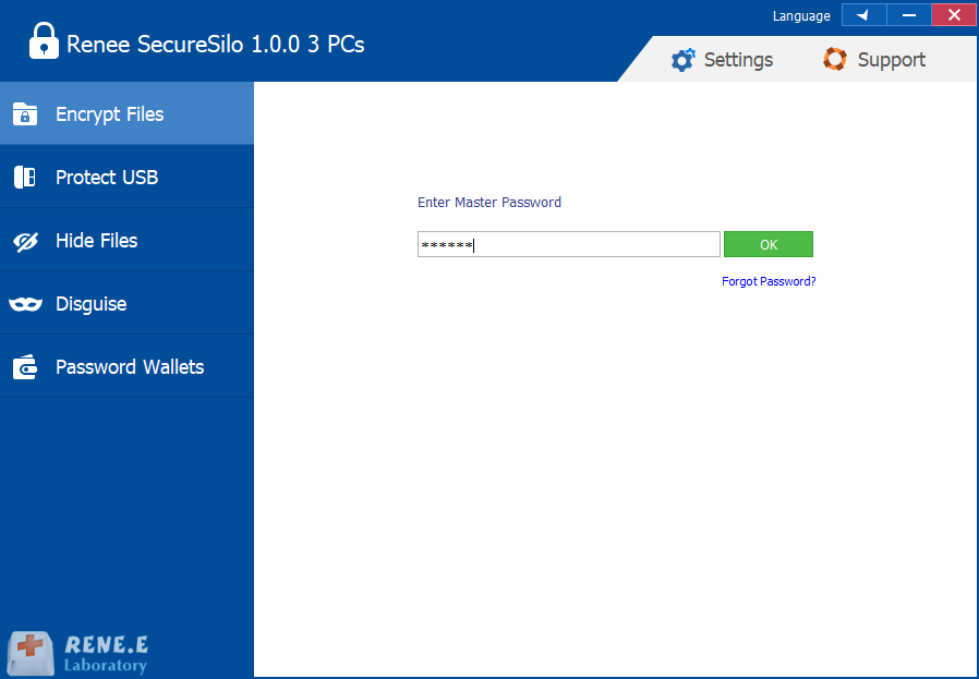 إدارة كلمة المرور لنظام Android أدخل كلمة المرور لفتح Renee Secure Silo لإدارة كلمة المرور لنظام التشغيل Windows 10