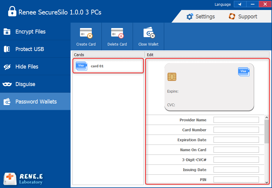 تحرير معلومات البطاقة في برنامج إدارة كلمات المرور Renee Secure Silo