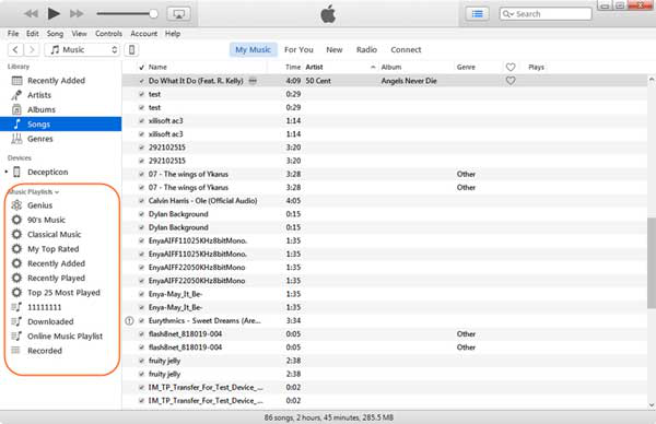 تحقق من الأغاني في قائمة تشغيل itunes