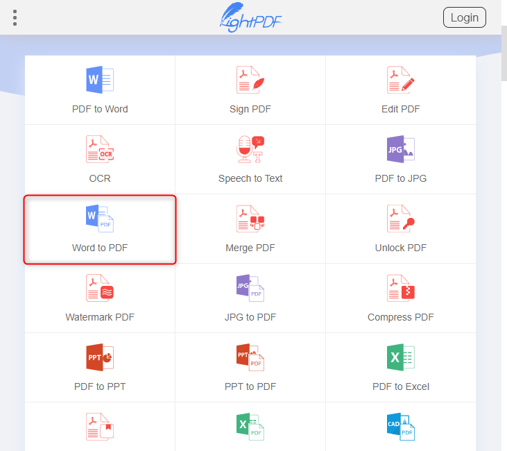 تحويل Word إلى pdf على Lightpdf
