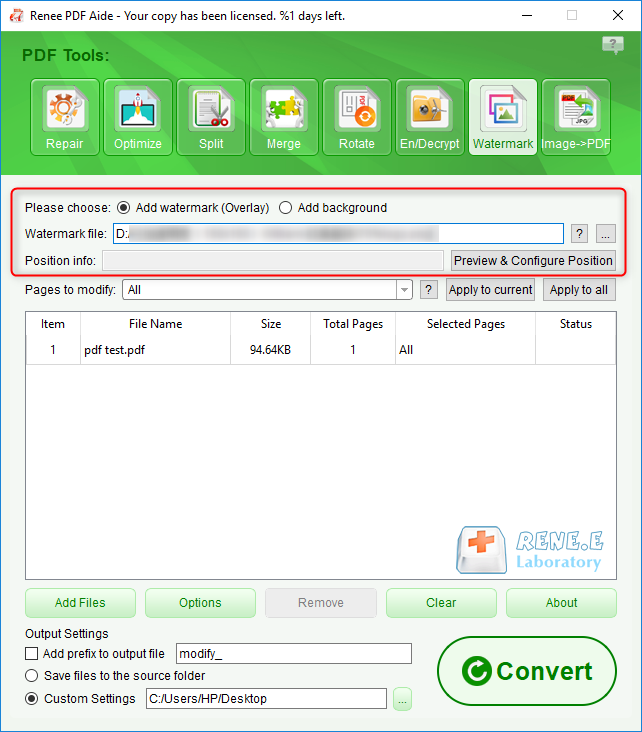 حدد لإضافة علامة مائية أو خلفية في مساعد رينيه pdf