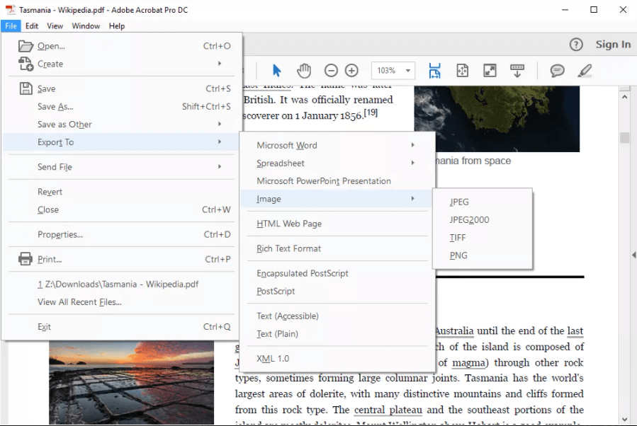تحويل pdf إلى jpg باستخدام Acrobat dc pro