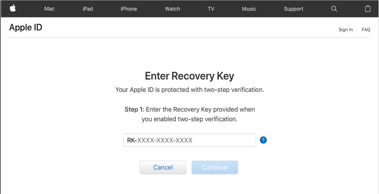 أدخل مفتاح استعادة لاسترداد رمز مرور Apple ID