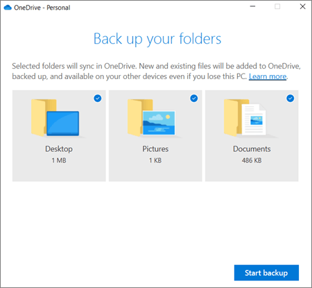 بدء نسخ احتياطي لملف إلى onedrive عند عدم وجود قرص استرداد ويندوز 10