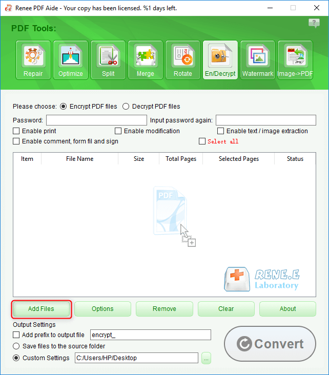 إضافة ملفات للتشفير في برنامج Renee pdf Aide