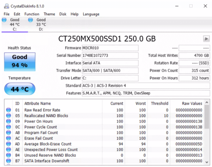 كيفية التحقق من صحة ssd باستخدام crystaldiskinfo