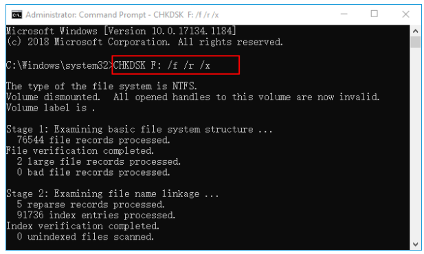 أمر chkdsk F: /f /r /x