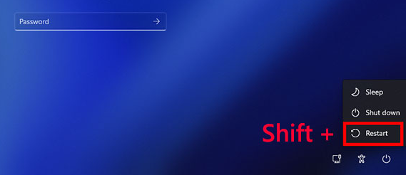 Windows، shift + إعادة التشغيل