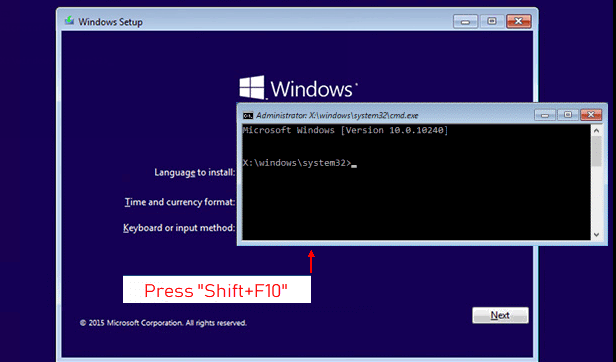 اضغط على Shift + F10 لفتح موجه الأوامر في بيئة تثبيت Windows