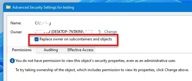 Windows استبدال المالك في الحاويات الفرعية والكائنات