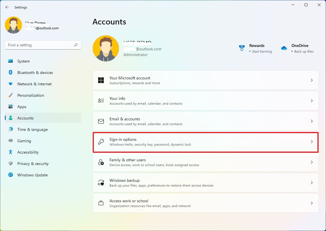 إعدادات Windows 11 > الحسابات > خيارات تسجيل الدخول