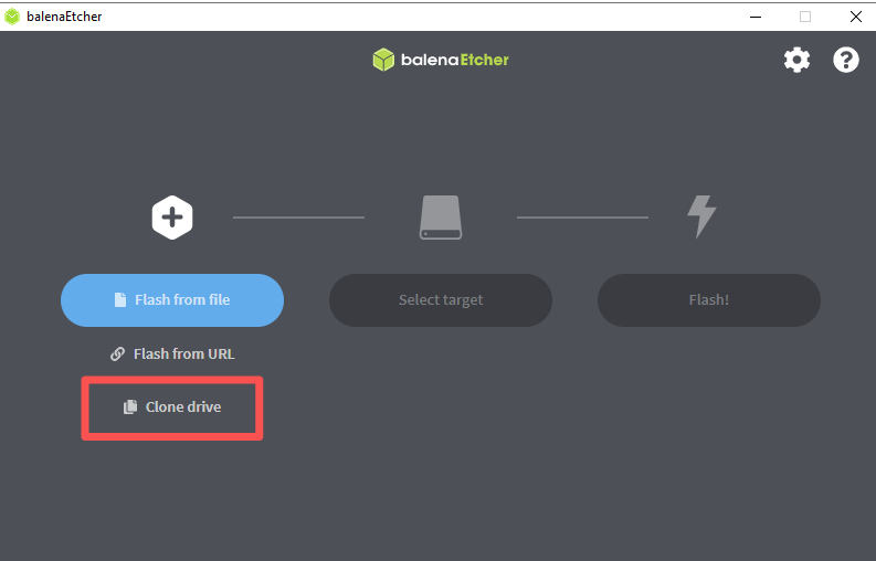 Balena Etcher - في قائمة اختيار المصدر، اختر Clone Drive