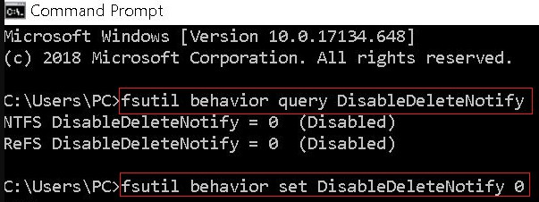 نافذة موجه الأوامر تظهر مخرجات fsutil behavior query DisableDeleteNotify، مع نتيجة 0 تشير إلى أن TRIM ممكّن.