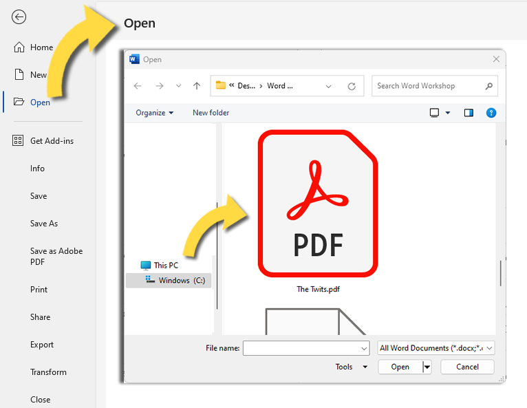 فتح PDF في Microsoft Word