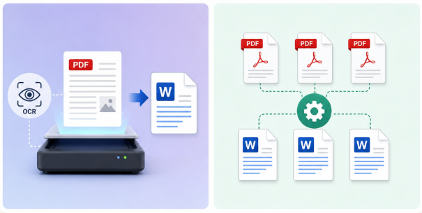 لقطة شاشة لنافذة التحويل الرئيسية في Renee PDF Aide، تظهر عدة ملفات PDF يتم تحويلها إلى تنسيق DOCX مع تفعيل OCR