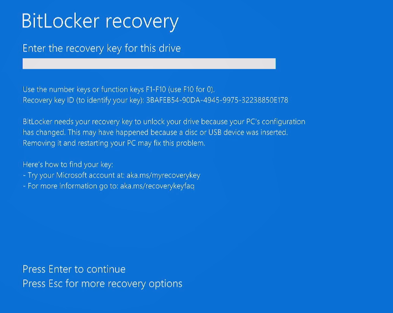 إدخال مفتاح استرداد BitLocker