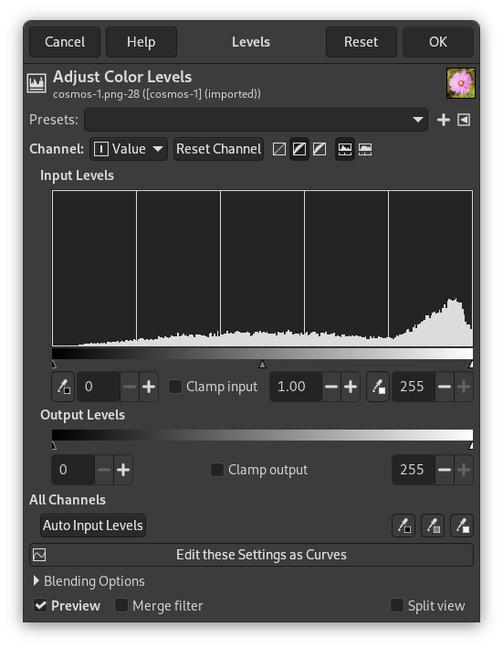 مستويات الألوان في gimp