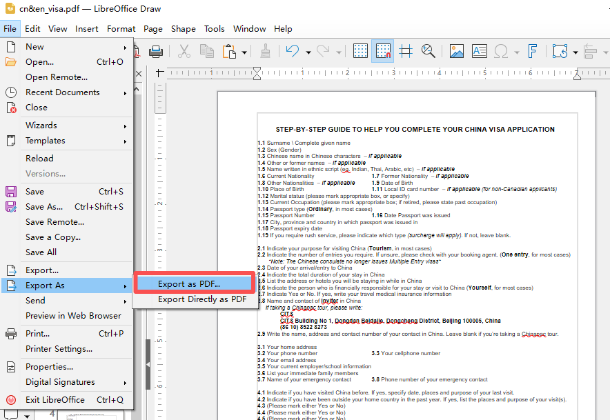 تصدير PDF من LibreOffice Draw