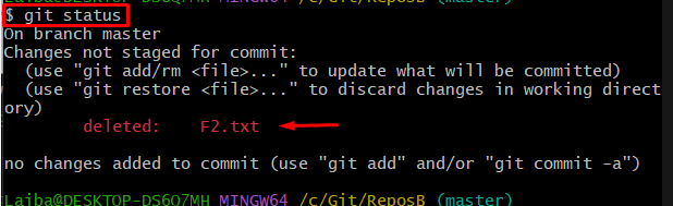استخدام git status لعرض الملفات المحذوفة