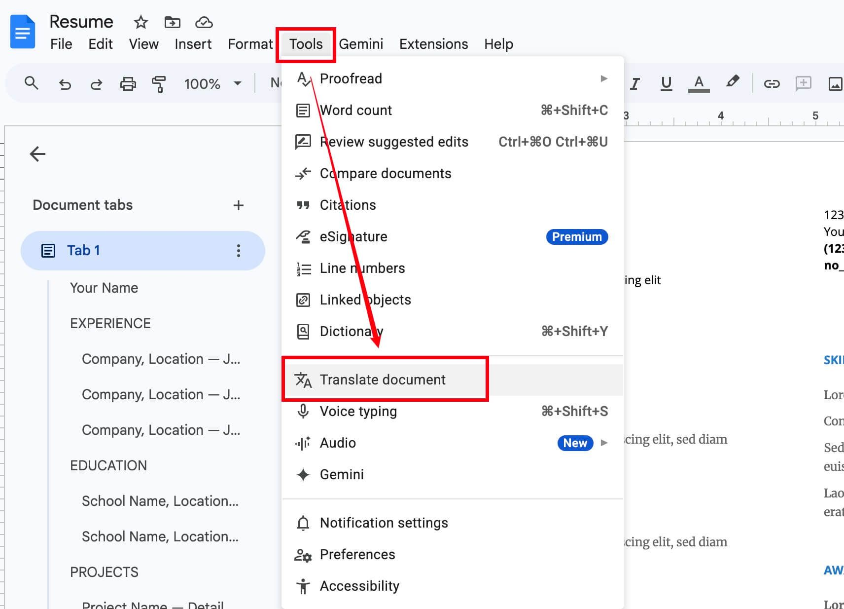Google Docs: ترجمة المستند