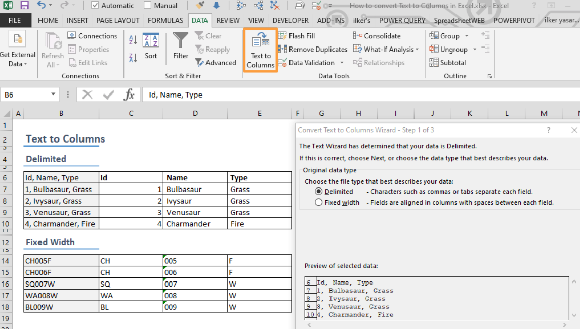 بيانات > نص إلى أعمدة في Excel