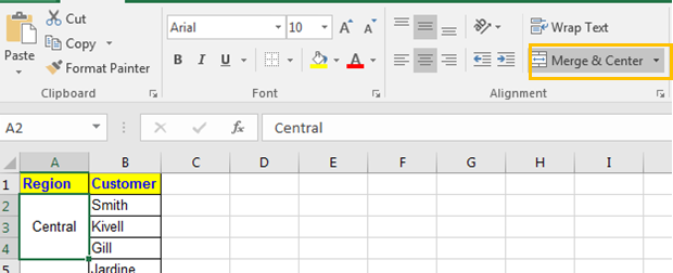 دمج وتوسيط في Excel