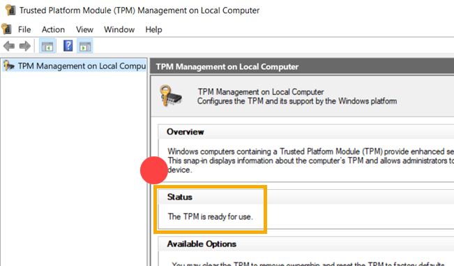 حالة شريحة TPM في نافذة tpm.msc
